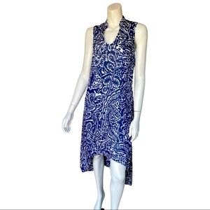 NIC + ZOE Linen Cotton Blue High Low Print Dress